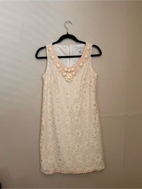 Dress Barn Ivory Lace Sleeveless Shift Dress with Beaded Trim